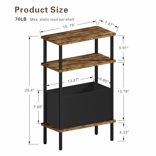Narrow Side Table with Fabric Basket, End Table for Small Spaces, Slim Nightstand with 3-Tier Storage Shelf, Sofa Beside Table, for Living Room, Bed Room, Rustic Brown - color: Rustic Brown
