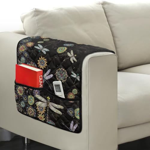 Boho Mandala Dragonfly Print Sofa Armrest Organizer, Couch Armrest Cover for Recliner with Side Pocket Stain Resistant Armchair Slipcover for Couch, Remote Controls Holder - color: Boho Mandala Dragonfly