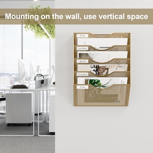 EasyPAG Wall File Organizer 5 Tier Hanging Paper Folder Holder, Zero Assembly Metal Mesh Wall Mounted Mail Organizer for Office Home Classroom Narrow Spaces, Gold - color: Gold, size: 5 Tier