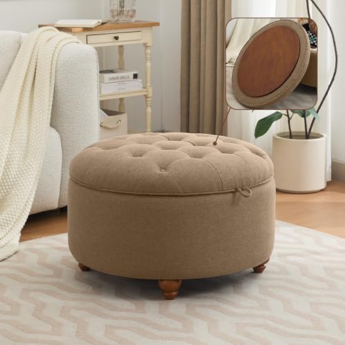 WUTUTUEE 30Inch Round Storage Ottoman with Tray, Modern Tufted Fabric Circle Coffee Table with Storage, Upholstered Ottoman with Removable Top for Living Room, Bedroom, Brown - color: Brown, size: 30 Inch