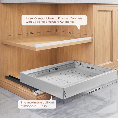 Seinloes 2 Pack Pull Out Cabinet Organizers 21"Deep With Raising Pad for Framed Cabinets,Expandable Slide Out Drawers Upgrade 3 Slide Rails,Roll Out Shelves Adhesive,Adjustable Width 12"-20.45" Silver - color: Silver, size: 12"-20.45"Wide x 21"Deep(2 Pack
