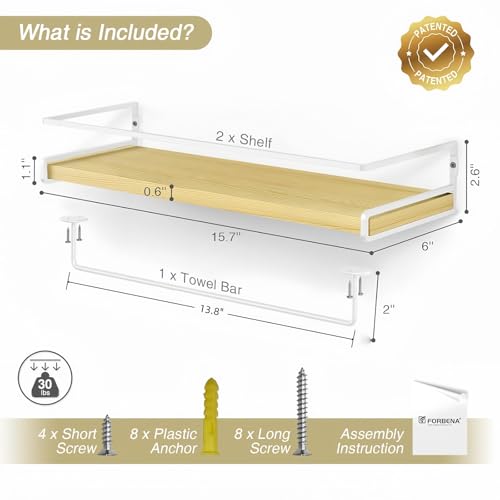 Forbena Floating Shelves for Wall with Rail, White and Natural Wood Nursery Book Shelves for Baby Girls Boys Kids Room Bedroom, Hanging Bookshelves Wall Mounted for Books, Toys, Bathroom (Set of 2) - color: 6. Natural-white