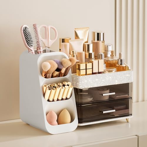 HBlife Makeup Organizer with Brush Holder for Vanity, Large Plastic Bathroom Countertop Organizer Skin Care Storage, Easy to Store Lipsticks, Nail Polishes, Perfumes, Eyeshadow Palettes, Pearl White - color: Pearl White, size: Large
