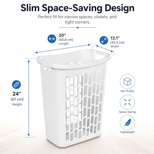 Rectangular Laundry Hamper, Slim Plastic Clothes Basket with Ventilation Holes, Lightweight Open Top Design for Small Spaces, White (2)