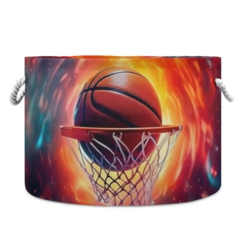 Basketball Print Round Storage Basket Abstract Fire Sports Ball Large Laundry Hamper 20 x 20 x 14 Inches Organizer Bin with Handles Clothes Storage Bag for Nursery Bedroom Living Room Decor - color: Orange