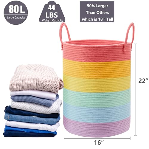 80L Extra Large Rainbow Laundry Hamper Basket for Girls Kids Tall Unicorn Baby Nursery Hamper for Clothes Woven Rope Blanket Toy Basket in Living Room Playroom Bedroom 16"D x 22"H - color: Rainbow, size: Extra Large (80L)