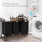 Laundry Sorter 3 Section, Laundry Hamper with Wheels, 3 × 11.5 Gal (130L), Rolling Laundry Basket, Pull-Out and Removable Oxford Fabric Laundry Bags, Black - size: 33.3''L x 13''W x 28.4''H