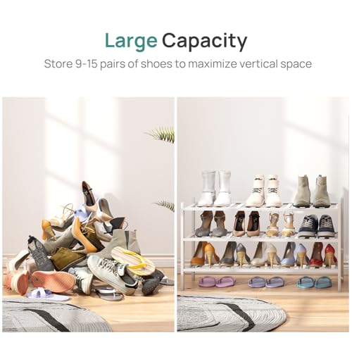 viewcare 3-Tier Long Shoe Rack, Bamboo Wood Shoe Rack for Closet, Entryway & Hallway, Stackable White Shoe Shelf Storage Organizer for Indoor Outdoor - color: White, size: 3-Tier Long