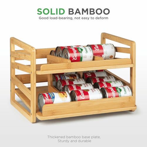 Bamboo Rolling Can Organizer for Pantry, Stackable 2 Tier Canned Food Organizer Rack for Storage, Kitchen Cabinet, Can Holders Dispensers for Pantry Up To 27 Cans