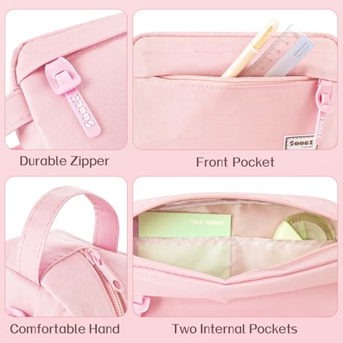 Sooez Original High Capacity Pencil Case, Big Pencil Bag Pouch Box Organizer Pen Case, Aesthetic Supply for Girls Adults, Portable Journaling Supplies with Easy Grip Handle & Loop, Pink - color: Light Pink