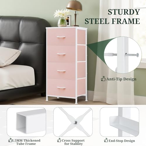 Nightstand, 4 Drawer Dresser End Table Bedside Furniture with Wooden Top Steel Frame Fabric Bins for Bedroom, Closet, Entryway, Dorm, Living Room, Pink - color: Pink, size: 11.8"D x 17.7"W x 37.4"H (4 Drawers)