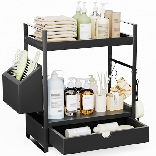 2-Tier Bathroom Counter Organizer with Drawer and Basket, Wood Countertop Organizer for Storage, Skincare Organizers for Vanity, Counter Shelf for Bathroom Organization, Black - color: Black
