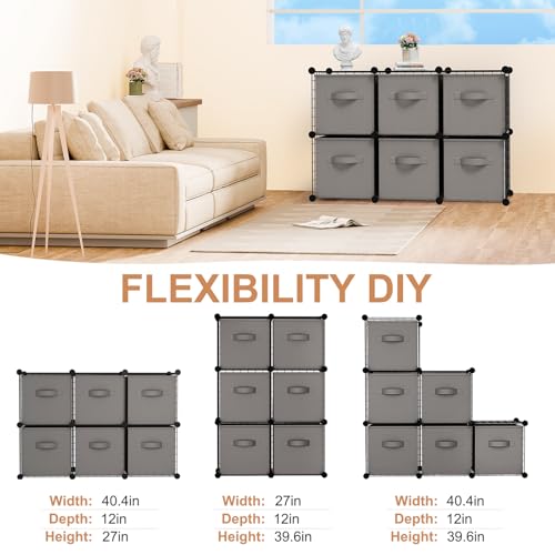 Leinuosen 6 Cube Storage Organizer with 6 Foldable Fabric Storage Bins, Metal Wire Grid Shelves, Stackable Modular Closet Organizer for Bedroom Living Room Office Toys Books(Black,Gray) - color: Black,Gray