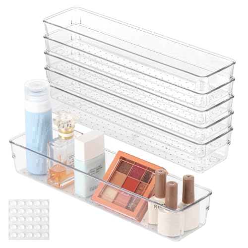 Ohlove 6 Pcs Large Clear Plastic Drawer Organizers Tray 12"x3" Storage Bins with 25 Pcs Non-Slip Pads for Makeup, Jewelries, Kitchen Utensils, Bathroom and Office - size: 12"x3"