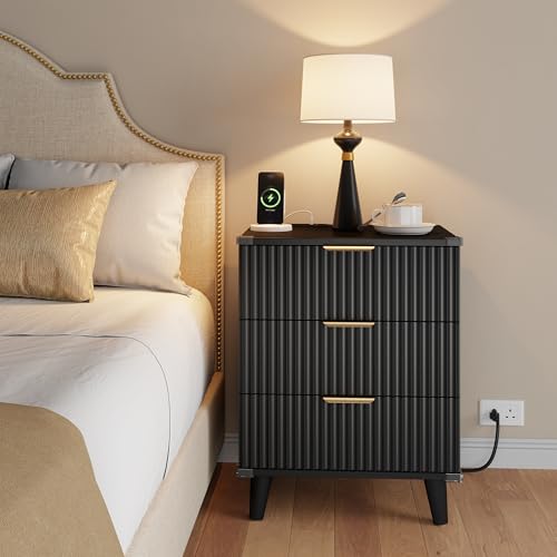 Lulive Wood Nightstand Set of 2 with Charging Station, 3 Drawers Fluted Design, Modern End Table for Bedroom Black - color: Black, size: 3 Drawers-Set of 2 Nightstand