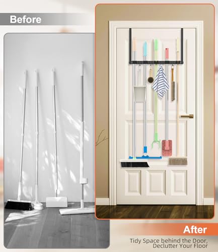 Broom Holder Over The Door Drilling Free Mop and Broom Holder with 4 Over Door Hook, Metal Mop and Broom Storage Wall Mount Broom Storage Tool Organizer for Laundry Room Garage Kitchen Bathroom - color: black