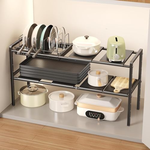 Mustorn Pots and Pans Organizer Under Cabinet, Expandable 2 Tier Under Sink Organizers and Storage Adjustable Height Kitchen Pot and Pan Lid Holder Rack with 6 Dividers(6panels,1 Pot rack, Black) - size: 6panels &1 pot rack-2 Tier