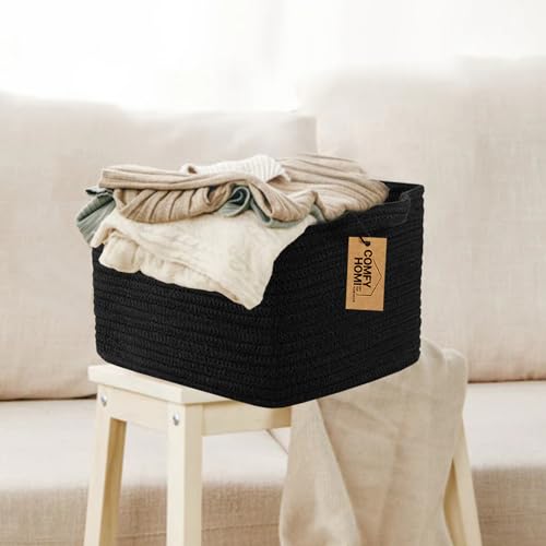 COMFY-HOMI Storage Basket for Shelves, Woven Baskets for Storage, Cotton Rope Basket,Toy Storage Organizer, Storage Cube Bin, Organization and Storage, Towel Baskets for Gift Empty, All Black - color: black, size: 13.5"X11"X9.5"