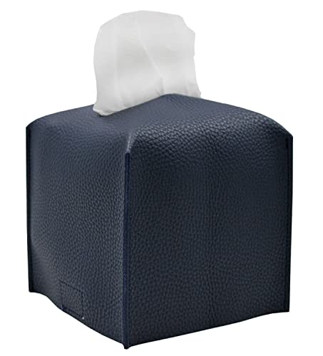 Livelab Tissue Box Cover, Square Decorative PU Leather Tissue Box Holder Modern Tissue Case Facial Paper Organizer Dispenser for Bathroom, Vanity Countertop, Night Stands, Desk 5X5X5'' | Navy Blue - color: Navy Blue