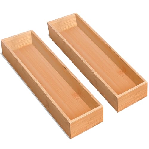 guiogc Silverware Drawer Organizer, Utensil Organizer, Bamboo Storage Box Wood Tray for Drawer Set of 2 - size: 11.6" x 3.15" x 1.8"