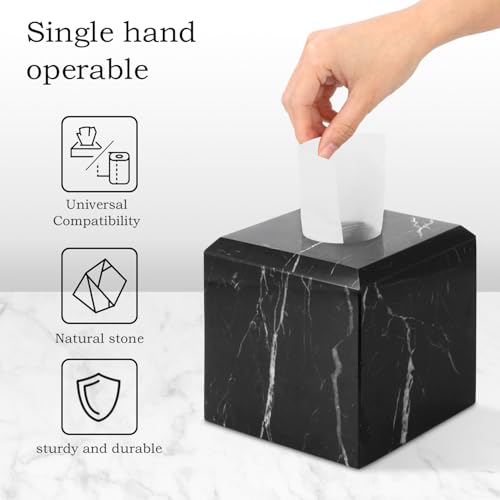 Natural Marble Square Tissue Box Cover ,Stone Modern Decorative Sturdy Napkin Box Holder Case,Facial Paper Organizer for Bathroom Vanity Toilet Countertop,Kitchen (1, Black Marquina, 5.71*5.71*5.51) - color: Black Marquina