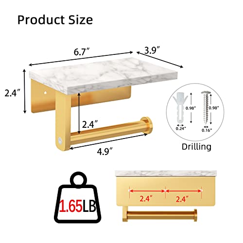 Brushed Gold Toilet Paper Holder with Natural Marble Shelf, 304 Stainless Steel Screw Wall Mounted, Tissue Roll Paper Holder Dispenser for Bathroom Washroom - color: Gold, size: 1 Roll