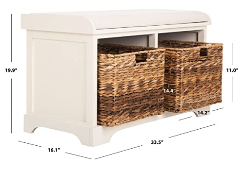 SAFAVIEH Home Collection – Freddy Vintage White Storage Bench with Wicker Baskets & Cushion, Entryway Seating Bench, Fully Assembled (AMH5736D) - color: Vintage White