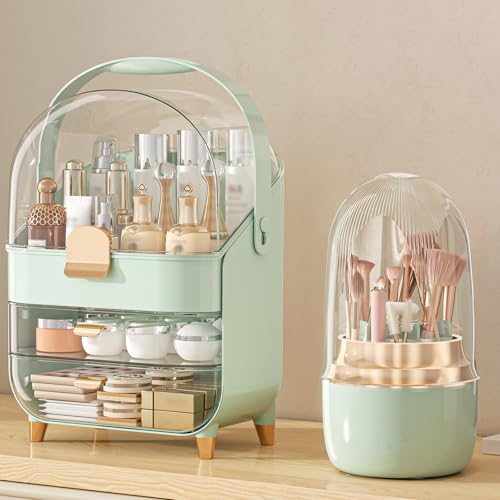 Makeup Organizer Countertop, Skincare Holder Bathroom Counter Organizer, Storage Box Cosmetic Display Cases, Teen Girl Gifts Make up Organizers (Green/Brush) - color: Green/Brush