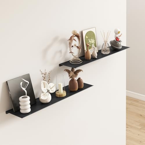 MKO 20" Floating Shelves for Wall, Long Metal Wall Mounted Shelf for Bathroom, Bedroom, Living Room, Kitchen, Display Hanging Shelves for Books/Storage/Room Decor 2 Packs, Black - color: Black, size: 20 IN