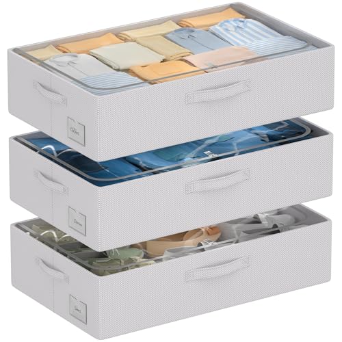 CYhom 3Pcs Under Bed Storage Bins with Metal Frame - Shoe Organizer for Closet with Clear Cover Oxford Fabric Sturdy Underbed Container Foldable Stackable Clothes Organizer (Grey, 23.5x15.7x6.3) - color: Grey, size: 23.5x15.7x6.3