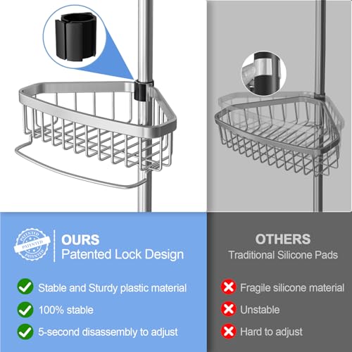 ESSEME Corner Shower Caddy Tension Pole: Adjustable Rustproof 4-Tier Inside Bathroom Organizer - 47-121 inch Quick Installation Bathtub Shelves for Shampoo Storage - Rod Floor Standing Bath Rack - color: Silver