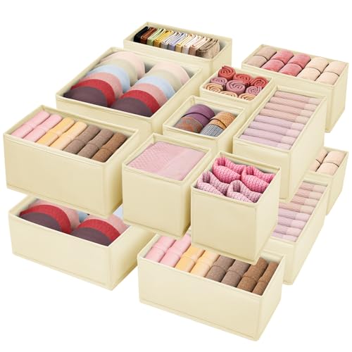 Drawer Clothing Organizer 16-Pack, Beige 3-Size Underwear Drawer Dividers, Fabric Folding Wardrobe Organizer for Baby Clothes, Bras, Underwear, Panties, Belts, Socks, Ties, etc. - color: Beige