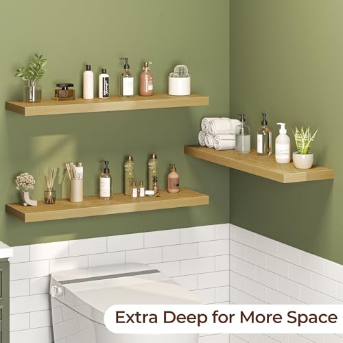 Fun Memories Floating Shelves for Wall 36 Inch Set of 3, Farmhouse Floating Shelves with Invisible Heavy Duty Bracket, 10 Inch Deep Bathroom Shelves for Storage, Living Room, Kitchen, Decor, Oak - color: Oak, size: 36"W x 10"D - 3P