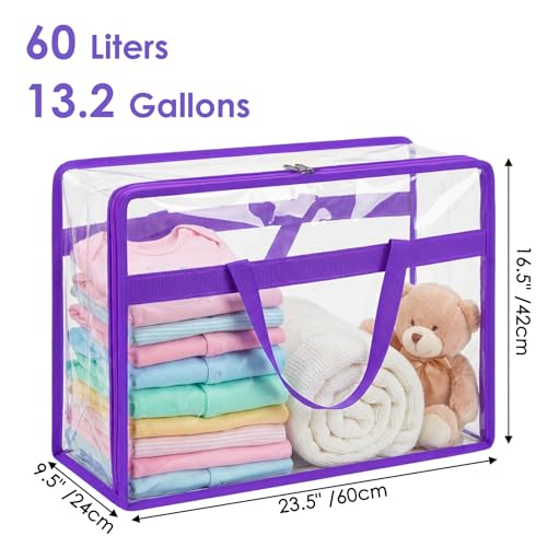SGHUO Clear Storage Bags 60L Extra Large Plastic Vinyl Blanket Storage Bag for Clothes, Comforter, Bedding, Moving Bags with Zipper and Reinforced Handle (4pcs, Purple) - color: D-Purple