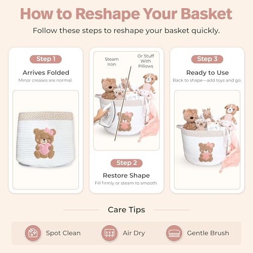 Pink Teddy Bear Storage Basket for Baby Girl Nursery – 15"x11" Cotton Rope Bin with Embroidered Bear Patch – Toy Organizer, Baby Laundry Hamper, Blanket & Diaper Holder – Foldable & Washable - color: Girl Teddy
