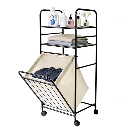 Rolling Storage Cart with Laundry Hamper, 3-Tier Rolling Utility Cart, Removable Laundry Basket - Metal Storage Organizer with Lockable Wheels for Bathroom - 80L, 14.4" x 13.8" x 39.7"