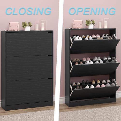 BORNOON Shoe Storage Cabinet with 3 Flip Drawers,Narrow Shoe Rack Cabinet,Freestanding Organizer Storage for Entryway, Hallway, Black - color: Black, size: 3 Drawers