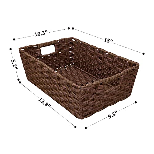 Onlytak Large Wicker Storage Basket, Metal Frame, Set of 2, Washable Waterproof, 15" x 10.3" x 5.2", Brown Color, Woven Basket for Pantry, Toilet, Bathroom, Bedroom, Patio - color: Brown, size: 15" x 10.3" x 5.2"
