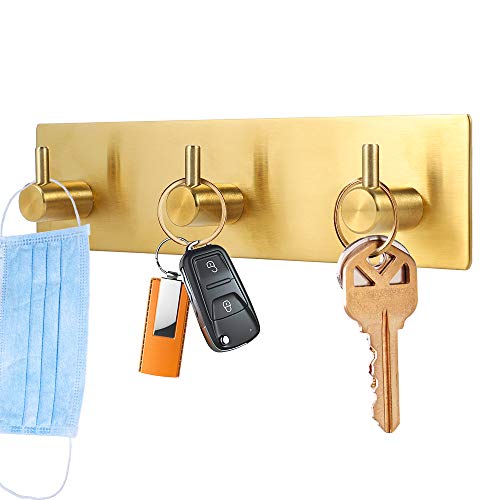 Picowe Key Holder for Wall Decorative, Adhesive Stainless Steel Key Hooks, Key Hanger Key Organizer for Wall, Towel Hook Coat Hanger for Entryway Hallway Kitchen(Three Rows,Golden 1PCS) - color: Gold