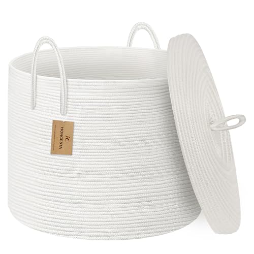 18" X 18" X 14" Extra Large White Basket with Lid, Woven Cotton Rope Basket for Blankets for Living Room, Kids Toy Storage Bin, Wicker Bathroom Towel Storage, All White Bins for Organizing - color: Full White