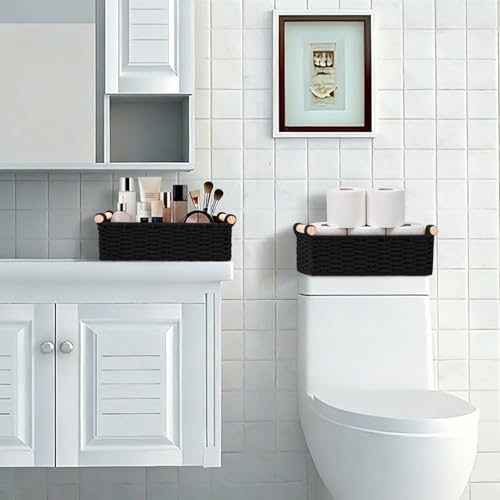 Boho Cotton Rope Storage Baskets Set of 2, Woven Wicker Organizer Bins with Wooden Handles, Small Decorative Boxes for Organizing, Toilet Paper Baskets for Bathroom Countertop, Shelves (Black 2 Pack) - color: Black 2 Pack