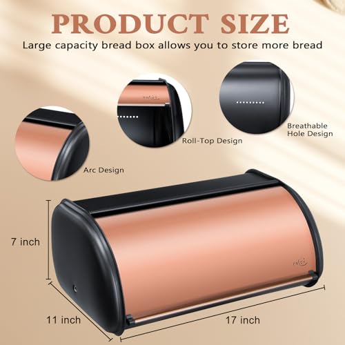 ENLOY Bread Box for Kitchen Countertop, Stainless Steel Bread Storage Bin for Kitchen with Roll Up Lid, Large Capacity Bread Keeper Holds Large Loaves of Bread (Rose Gold) 17 x 11 x 7 IN - color: Matte Black Rose Gold
