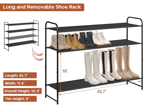 KIMBORA 4 Tier Long Shoe Rack for Closet Floor, Wide Shoe Shelf Storage Organizer 30-Pairs Stackable Sneaker Organizer for Closet, Bedroom (Black) - color: Black, size: 11.4 x 42.7 x 32.4
