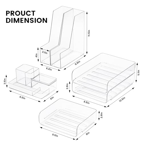 CiWiVOKi Desk Organizer with 2 Vertical File Holder, 4 Tier Stackable Paper Letter Tray File Organizer with 5-Compartments Pen Holder, Clear Desktop Organizer Office Organization and Storage - color: Clear, size: 6 pc