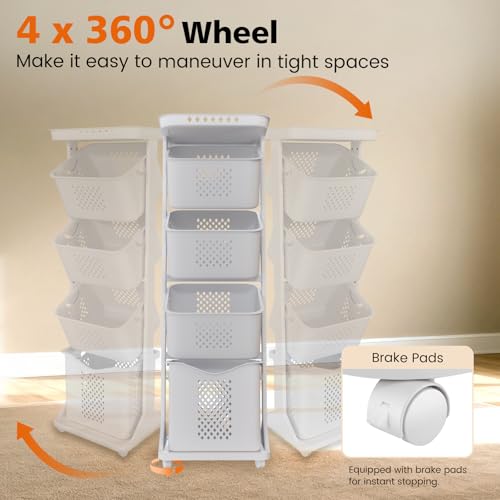 BAOKALER 4-Tier Laundry Hamper Sorter, Vertical Rolling Laundry Baskets with Wheels Removable, Stackable Laundry Cart Organizer and Storage for Small Space, Dorm, Closet, Bathroom - size: 4-layer
