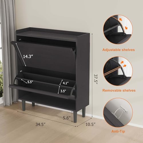 GarveeHome Shoe Cabinet with 2 Flip Drawers, Wooden Shoe Organizer Cabinet with Adjustable Shelf, Shoe Storage for Entryway, Hidden Shoe Cabinet for Hallway, Living Room, Black - color: Black, size: 2-Drawers