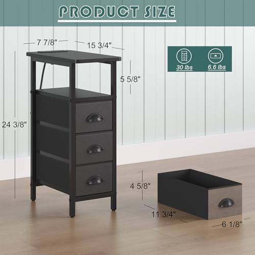 sthmec End Table with Charging Station,LED Side Tables with USB Ports and Outlets,Skinny Bedside Tables with 3 Drawers,Small Tabls Nightstands for Small Space,Slim Sofa Table for Livingroom,Black - color: Black, size: 7.88'' W*15.75'' D*24.3'' H, style: P