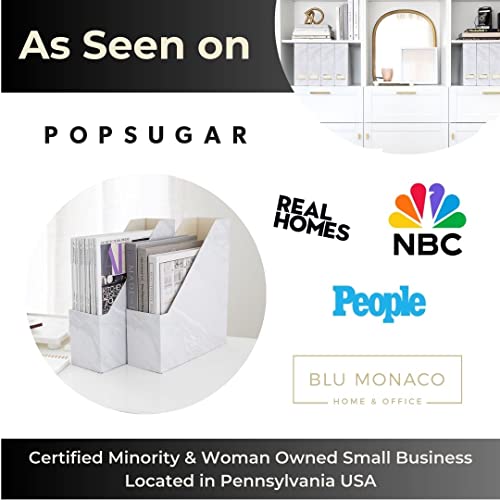 BLU MONACO Set of 4 Magazine Holders | White Marble Design with Gold Label Holders | Foldable File Organizer Boxes for Desk, Office & Classroom | Stylish Paper & Magazine Storage - color: White Gold Marble