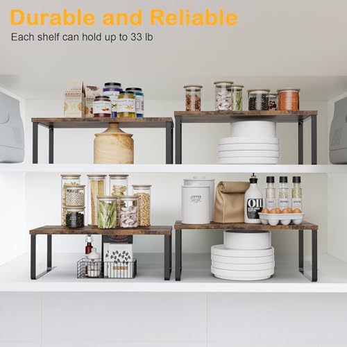 OGEMXU Cabinet Shelf Organizers, 15.7 inches Large Kitchen Counter Shelf, Set of 2 Wood Kitchen Pantry Organizer, Storage Shelves for Countertop, Spice Rack, Stackable, Expandable, Metal Black, Brown - color: Black and Brown, size: 2pcs 7.8" D x 15.7" W x