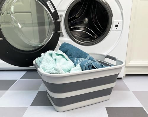 SMMART Collapsible Plastic Laundry Basket with Handle/Foldable Pop Up Storage Hamper/Portable Laundry Organizer-Space Saving Washing Tub/Household Storage Supplies (Grey/Steel Grey, 27L) - color: Grey/Steel Grey, size: 27L